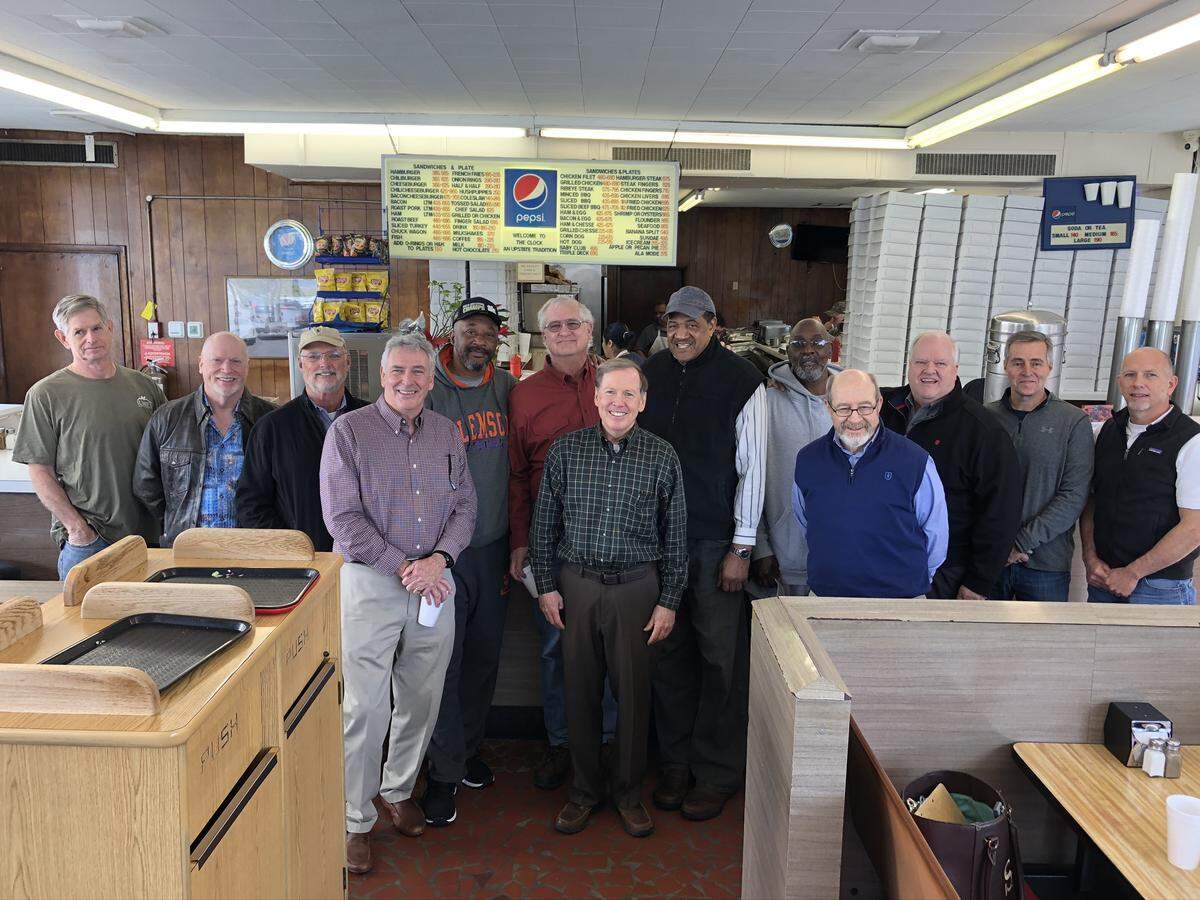 From the Wade Hampton High team’s recent reunion (from left): Buddy Asbury, Bobby Estes, Frank Fitzgerald, Norman MacDonald, James Brooks, Will McNamara, Billy Spink, Clyde Mayes, Jack Taylor, Tom Goodman, Steve Phillips, Mike Chibbaro (author of ‘The Mighty Generals’ book) and Kelly Ross (son of late Coach John Ross).