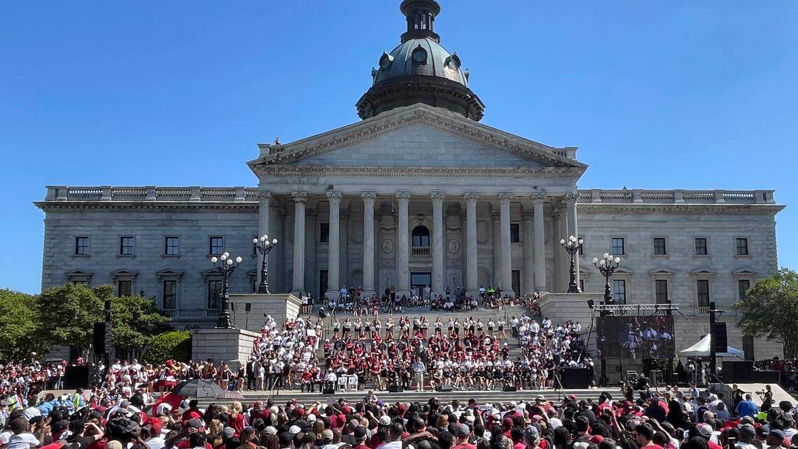 Fans fill the State House grounds during a parade through downtown Columbia and a ceremony at the South Carolina State House on Sunday, April 14, 2024. The Gamecocks women’s basketball team won the National Championship after having an undefeated season.