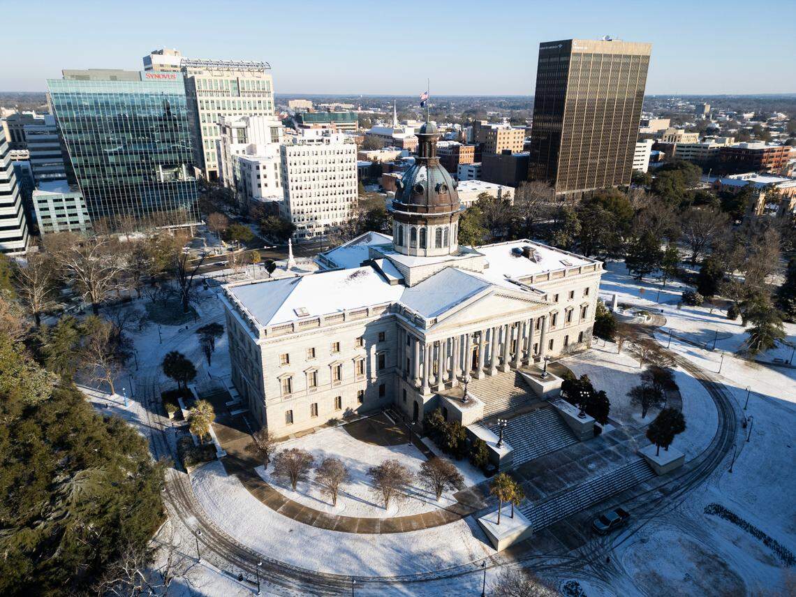 The South Carolina State House in Columbia, South Carolina is blanketed in snow on Wednesday, January 22, 2025.
