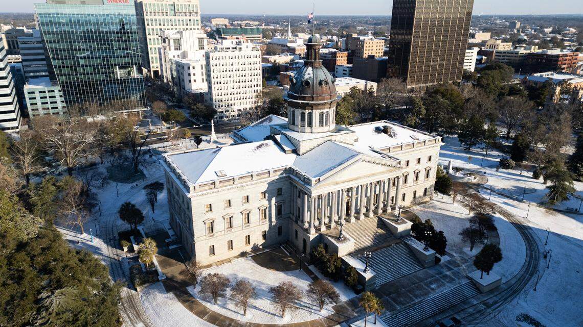 The South Carolina State House in Columbia, South Carolina is blanketed in snow on Wednesday, January 22, 2025.