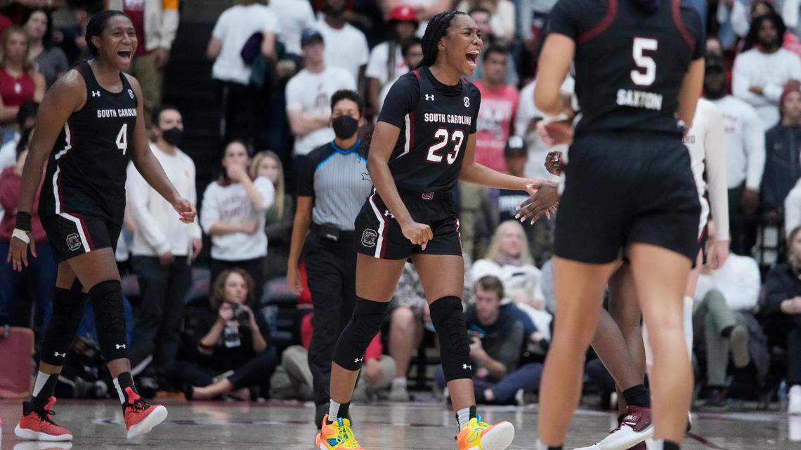 South Carolina guard Bree Hall (23) celebrates with teammates after the team’s 76-71 victory over Stanford in an NCAA college basketball game in Stanford, Calif., Sunday, Nov. 20, 2022. (AP Photo/Godofredo A. Vásquez)