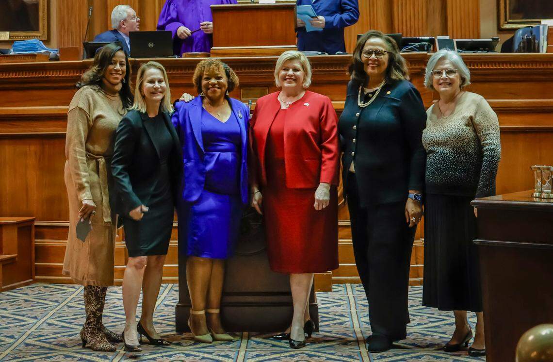 South Carolina’s record six “sister senators” in January 2024, from left, Sen. Mia McLeod, I-Richland; Sen. Sandy Senn, R-Charleston; Sen. Tameika Isaac Devine, D-Richland; Sen. Penry Gustafson, R-Kershaw; Sen. Margie Bright Matthews, D-Colleton, and Sen. Katrina Shealy, R-Lexington.