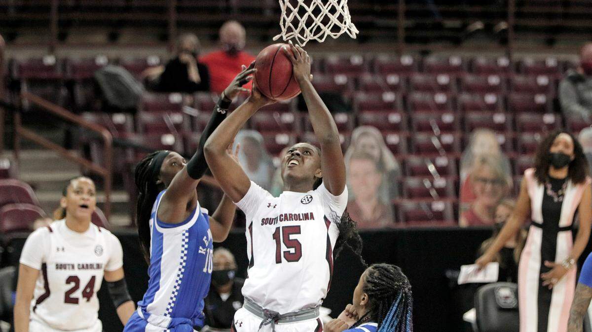 Laeticia Amihere and the South Carolina women’s basketball team played Kentucky at Colonial Life Arena in Columbia on Sunday, Feb. 21, 2021.
