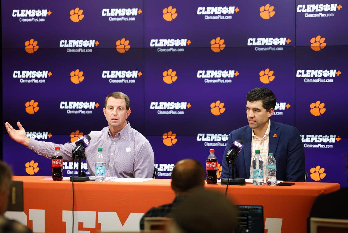 Clemson head coach Dabo Swinney and athletic director Graham Neff speak during a news conference in Clemson on Jan. 23, 2026.