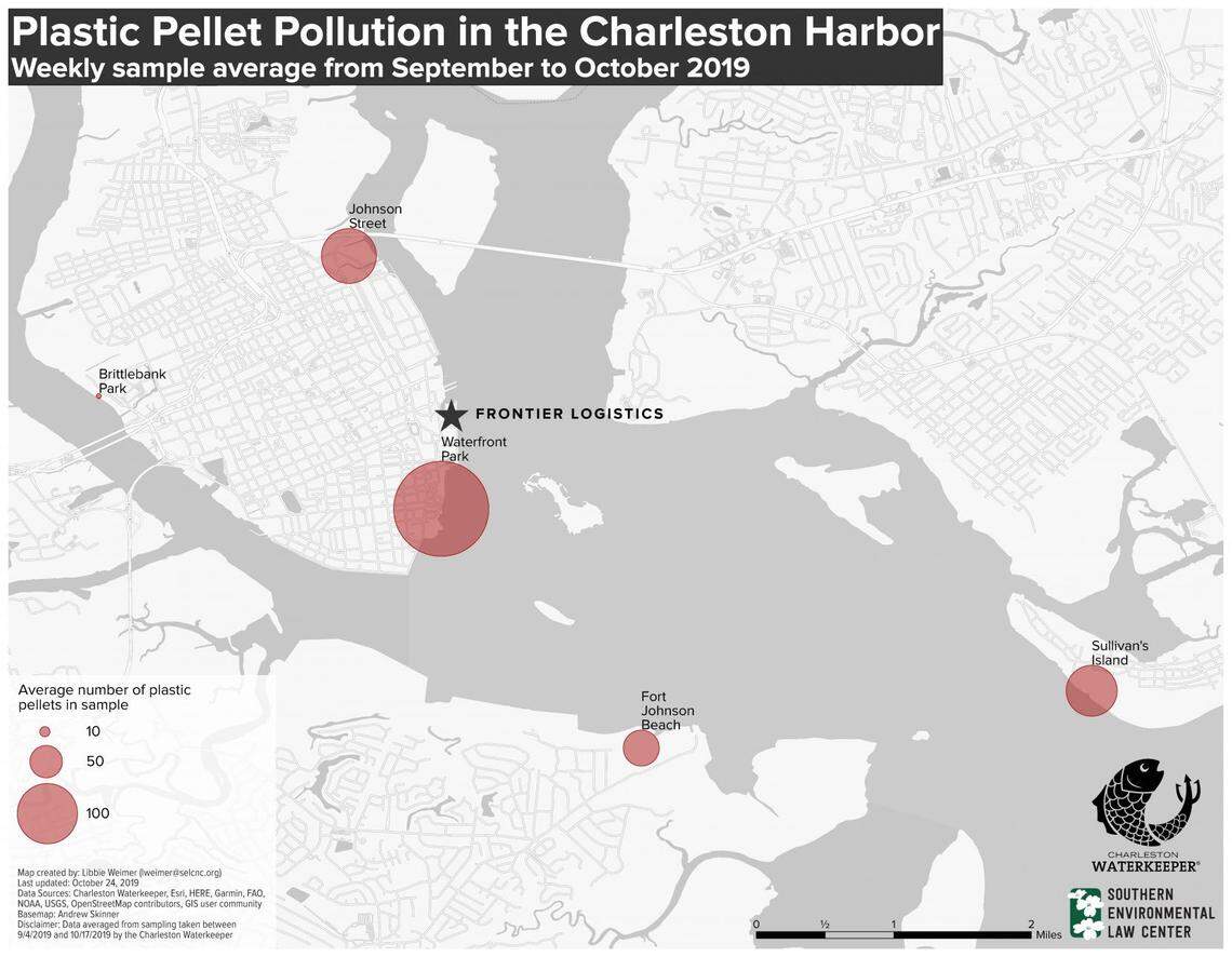 A map shows where Charleston environmentalists found plastic pellets.