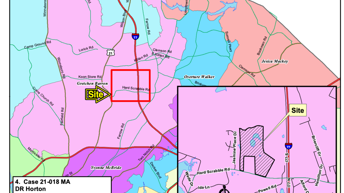 A map outlining the location for a potential development on Hard Scrabble Road in Northeast Richland County.
