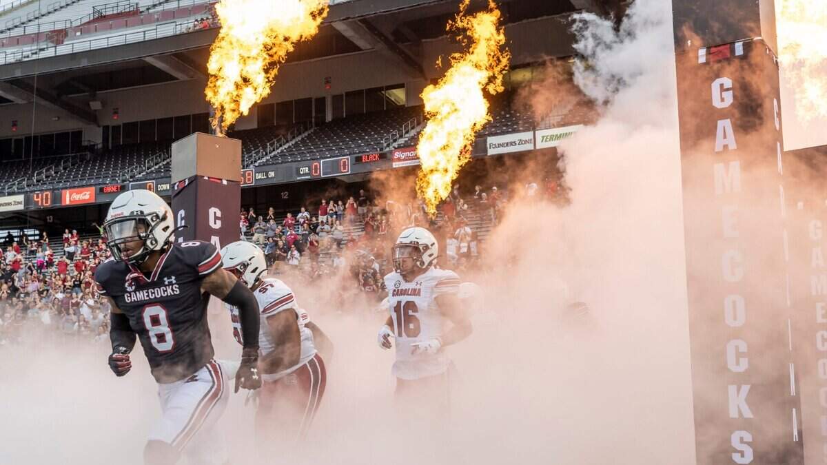 The South Carolina Gamecocks enter the field for their Spring Game held at Williams-Brice Stadium on Saturday, April 16, 2022.