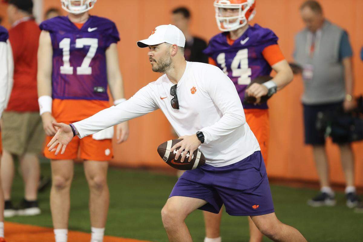 Clemson offensive coordinator Garrett Riley during spring practice in Clemson on March 6 , 2023