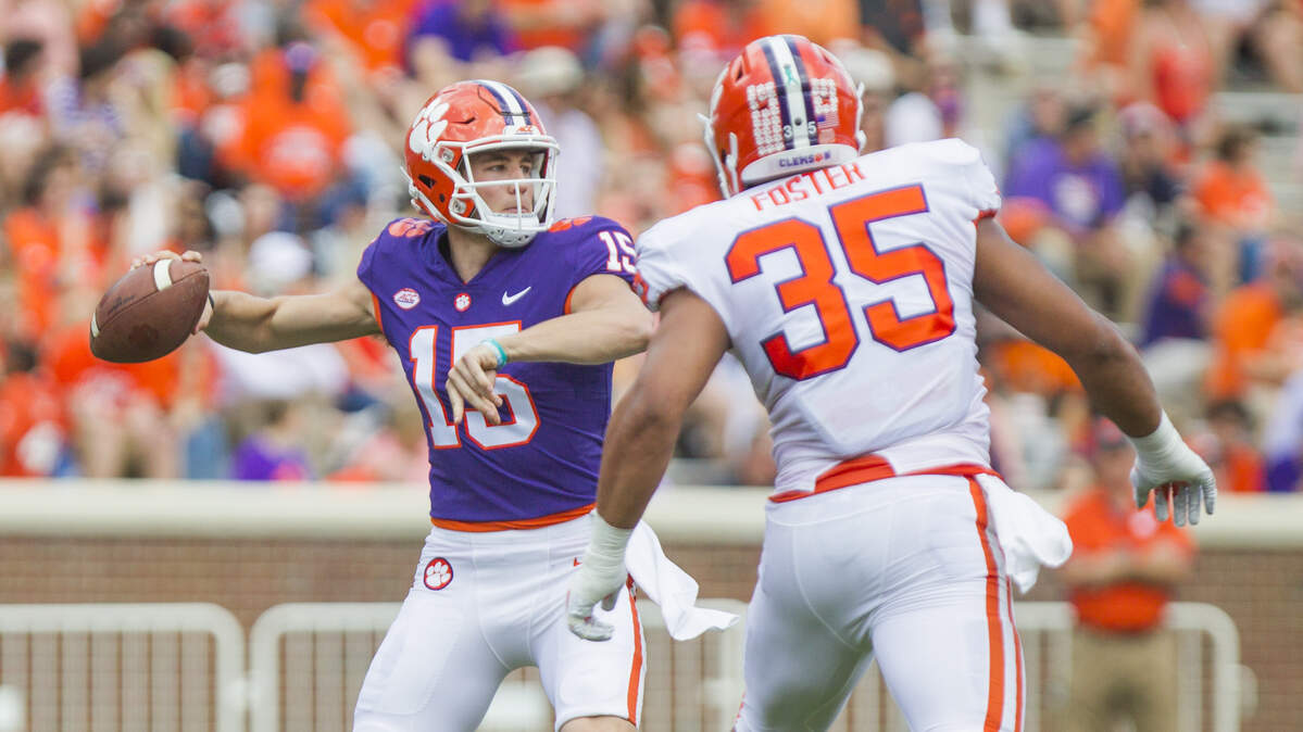 Quarterback Hunter Johnson (15) left Clemson in 2018 and has returned to the program as a graduate transfer for the 2022 season.