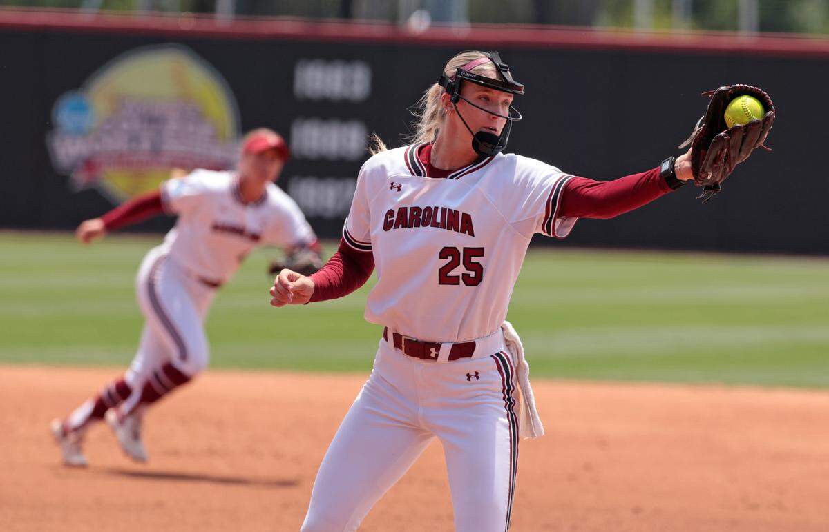 South Carolina pitcher Jori Heard fields a ball in Friday’s super regional game against UCLA at Carolina Softball Stadium.