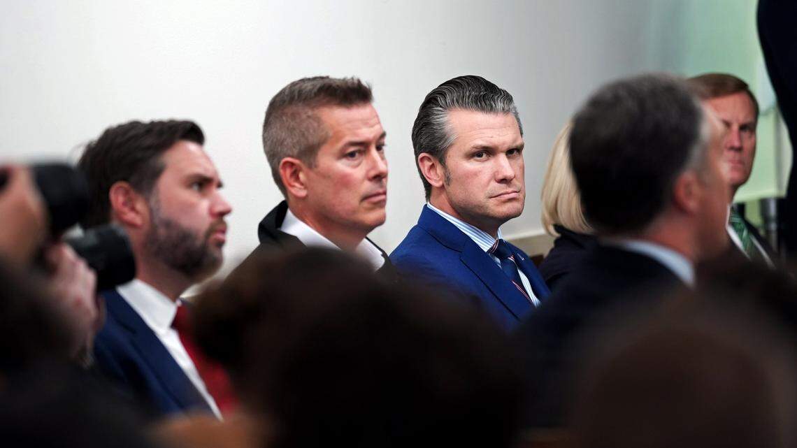 Secretary of Defense Pete Hegseth is shown in the White House briefing room on Jan. 30, 2025, two months before the Trump administration’s defense of him and other White House officials involved in private conversations published by The Atlantic. (Doug Mills/The New York Times)