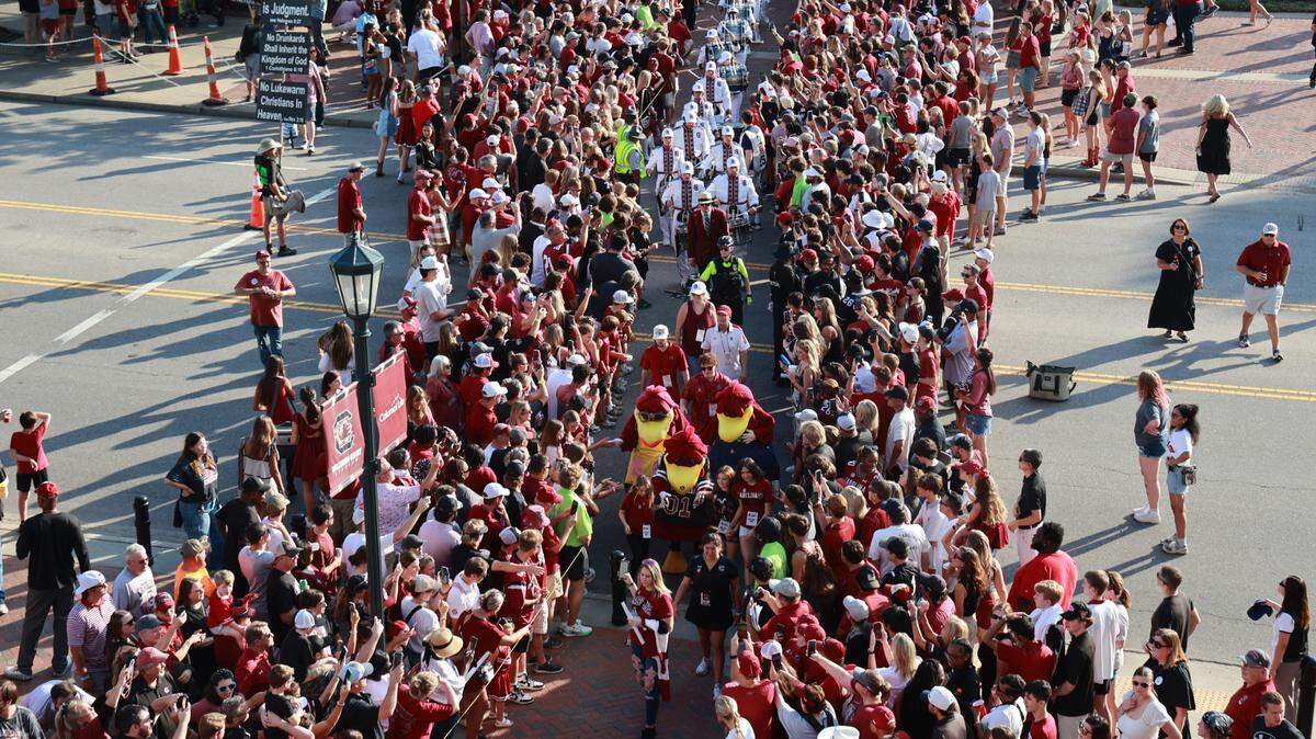 The South Carolina Gamecocks enter Williams-Brice Stadium before playing Akron on Saturday, September 21, 2024.