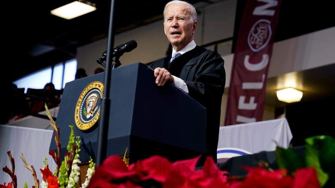 President Joe Biden delivers the keynote address at the South Carolina State University’s 2021 Fall Commencement Ceremony in Orangeburg, S.C., Friday, Dec. 17, 2021.(AP Photo/Carolyn Kaster)