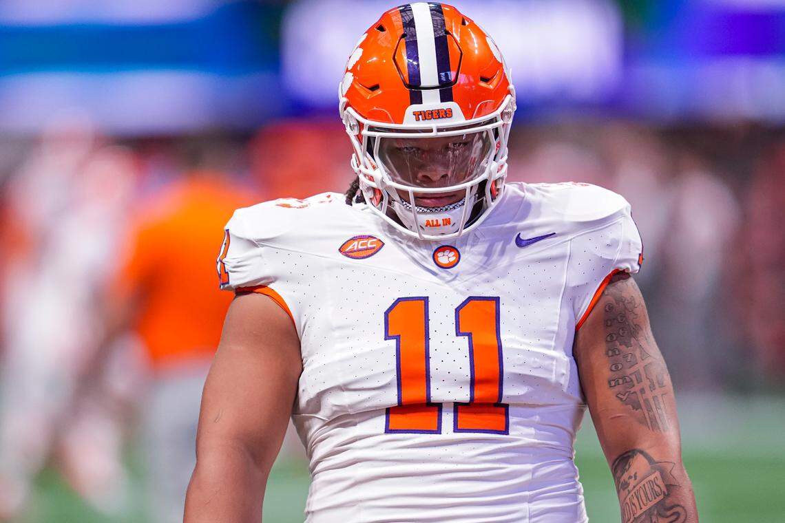 Aug 31, 2024; Atlanta, Georgia, USA; Clemson Tigers defensive lineman Peter Woods (11) shown on the field pregame prior to the game against the Georgia Bulldogs at Mercedes-Benz Stadium.