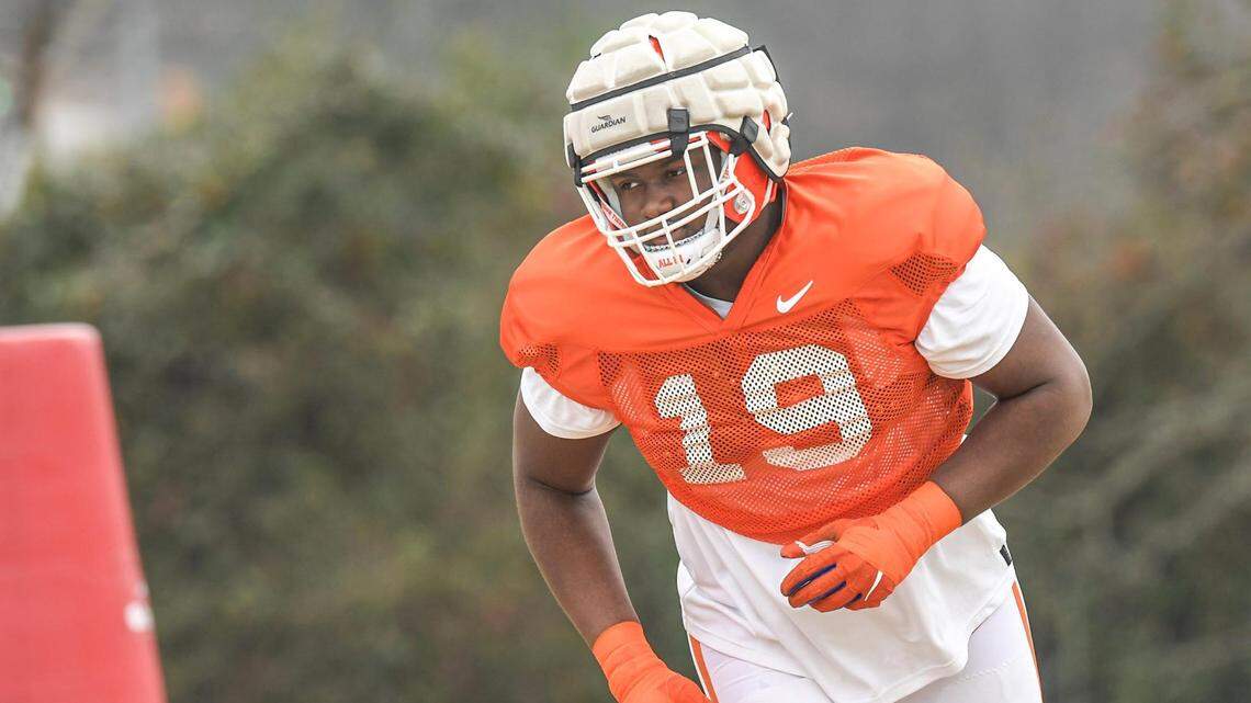 Clemson defensive lineman DeMonte Capehart (19) during practice at the Poe Indoor Facility in Clemson in Clemson, S.C. Friday, December 17, 2021.