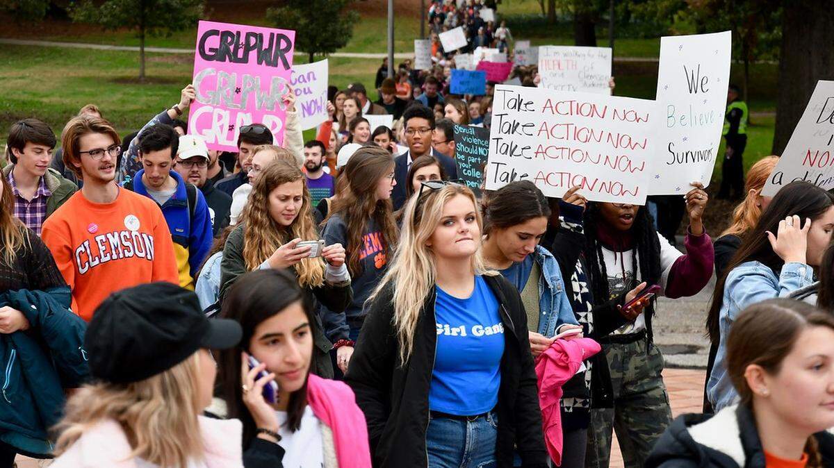 Protesters march on Clemson University’s campus on Nov. 15, 2019. Protesters were seeking increased resources for survivors of interpersonal violence.