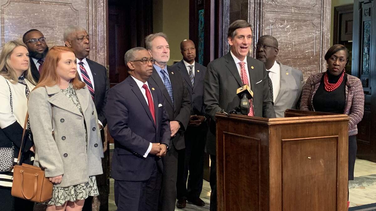 State Sen. Vincent Sheheen, D-Kershaw, along with fellow Senate Democrats, speak against school vouchers on Wednesday.