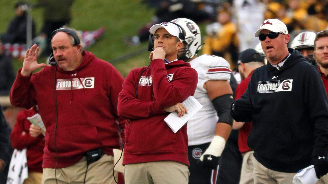 Shane Beamer looks on as South Carolina takes on Missouri in a college football game on Saturday, Nov. 13, 2021 at Faurot Field in Columbia, Missouri.