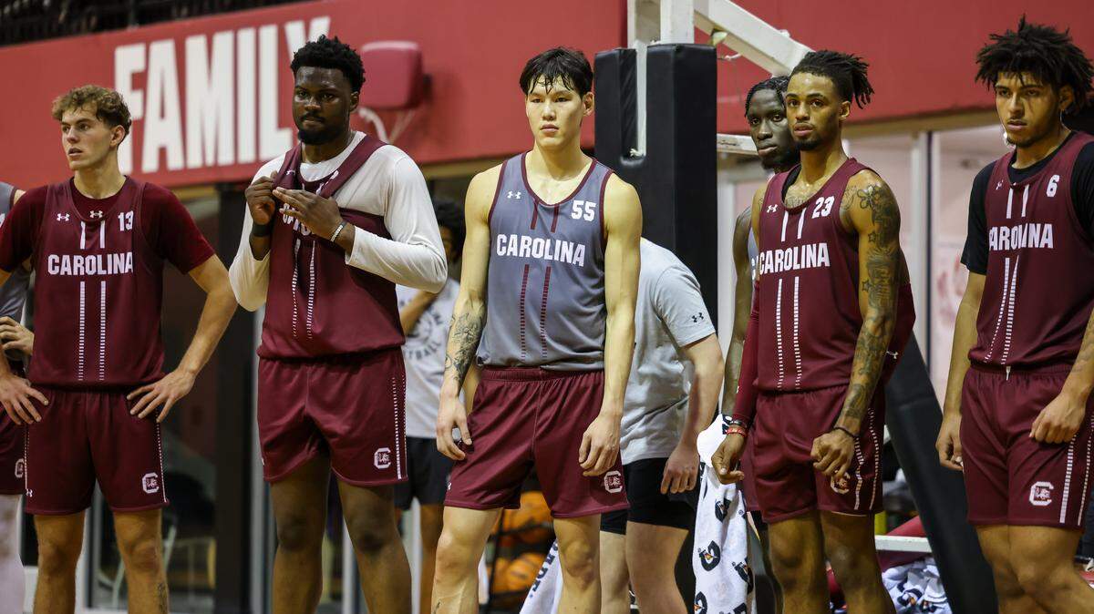 South Carolina guard Mike Sharavjamts (55) stands with teammates during the Gamecocks’ practice at the Carolina Coliseum in Columbia on Thursday, Oct. 2, 2025.