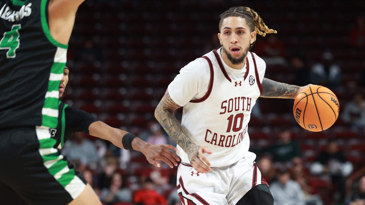 South Carolina Guard Myles Stute (10) plays Upstate at Colonial Life Arena on Saturday, December 14, 2024.
