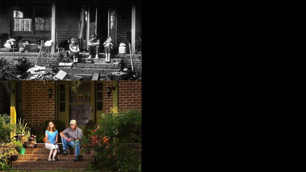 Top photo (File image): Forrest and Pam Morrison at their home in McClellanville just after Hugo hit in 1989. Bottom photo (By Tim Dominick): The Morrisons at their home recently. 'The house now looks the same as it used to,' Forrest Morrison says.