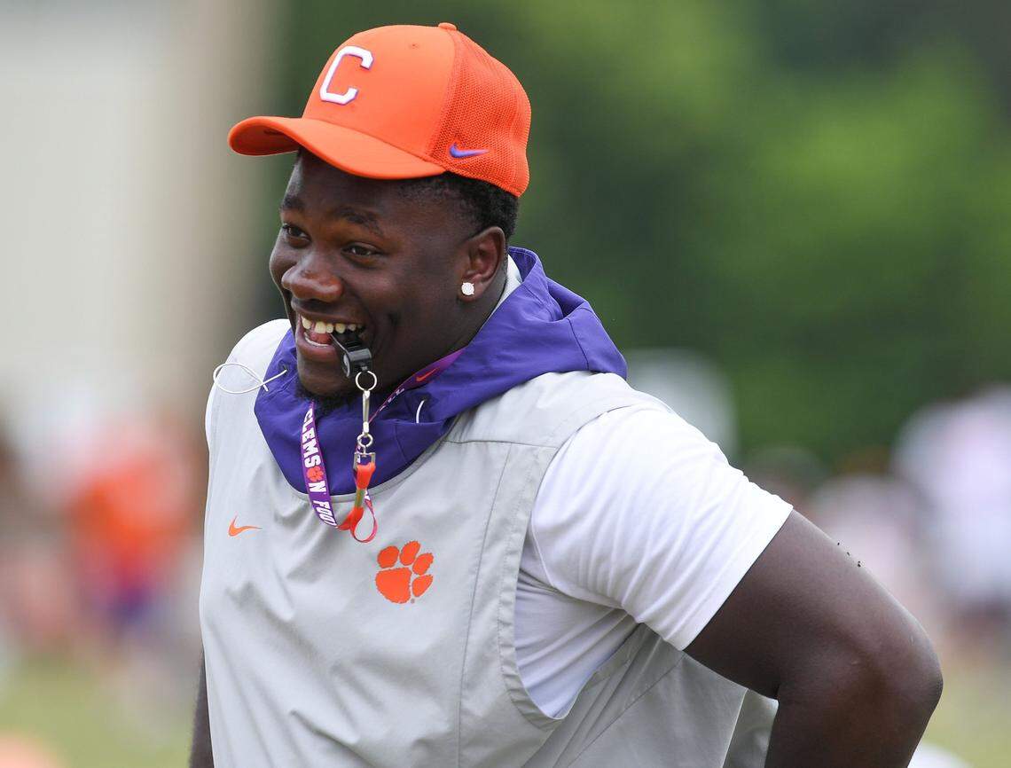 Clemson defensive tackle Ruke Orhorhoro coaches during Dabo Swinney’s football camp on Sunday, June 6, 2021. Bart Boatwright/Special to The State