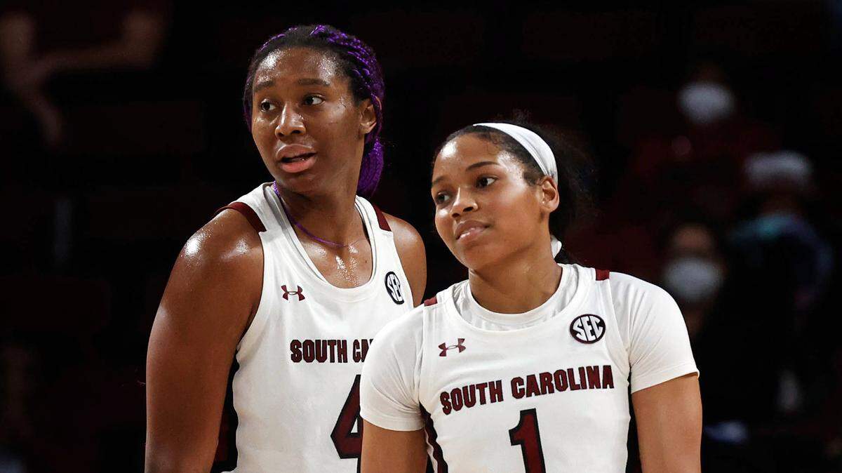 South Carolina’s Aliyah Boston (4) and Zia Cooke (1) look to the bench during the first half of action against Mississippi State on Sunday, Jan. 2, 2022 in the Colonial Life Arena.
