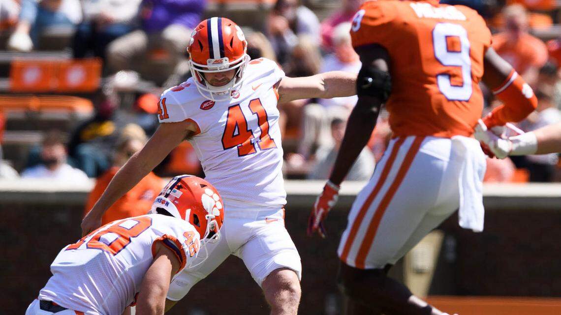 Clemson place kicker Jonathan Weitz (41) attempts to make a field goal during their annual spring game at Memorial Stadium Apr 3, 2021; Clemson, South Carolina, USA.