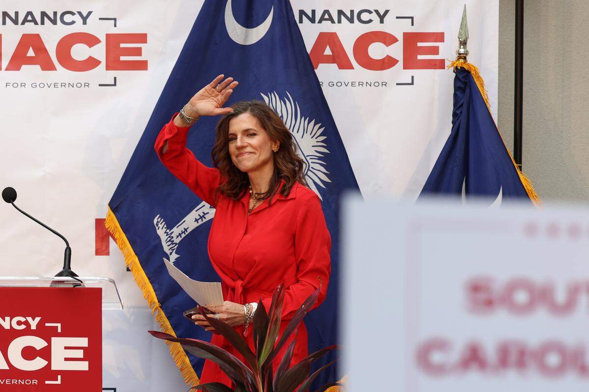 Nancy Mace greets people before announcing that she will run for South Carolina Governor during a press conference at the Citadel in Charleston on Monday Aug. 4, 2025.