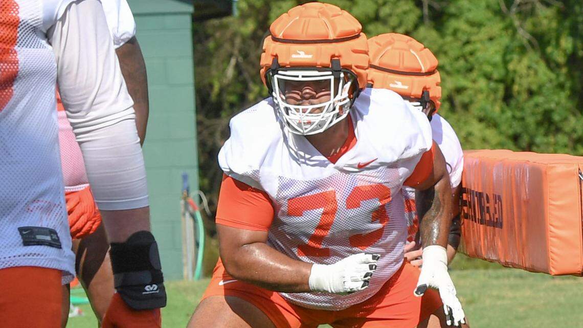 Clemson offensive lineman Bryn Tucker (73) during the first practice at Clemson, S.C. Friday, August 4, 2023.