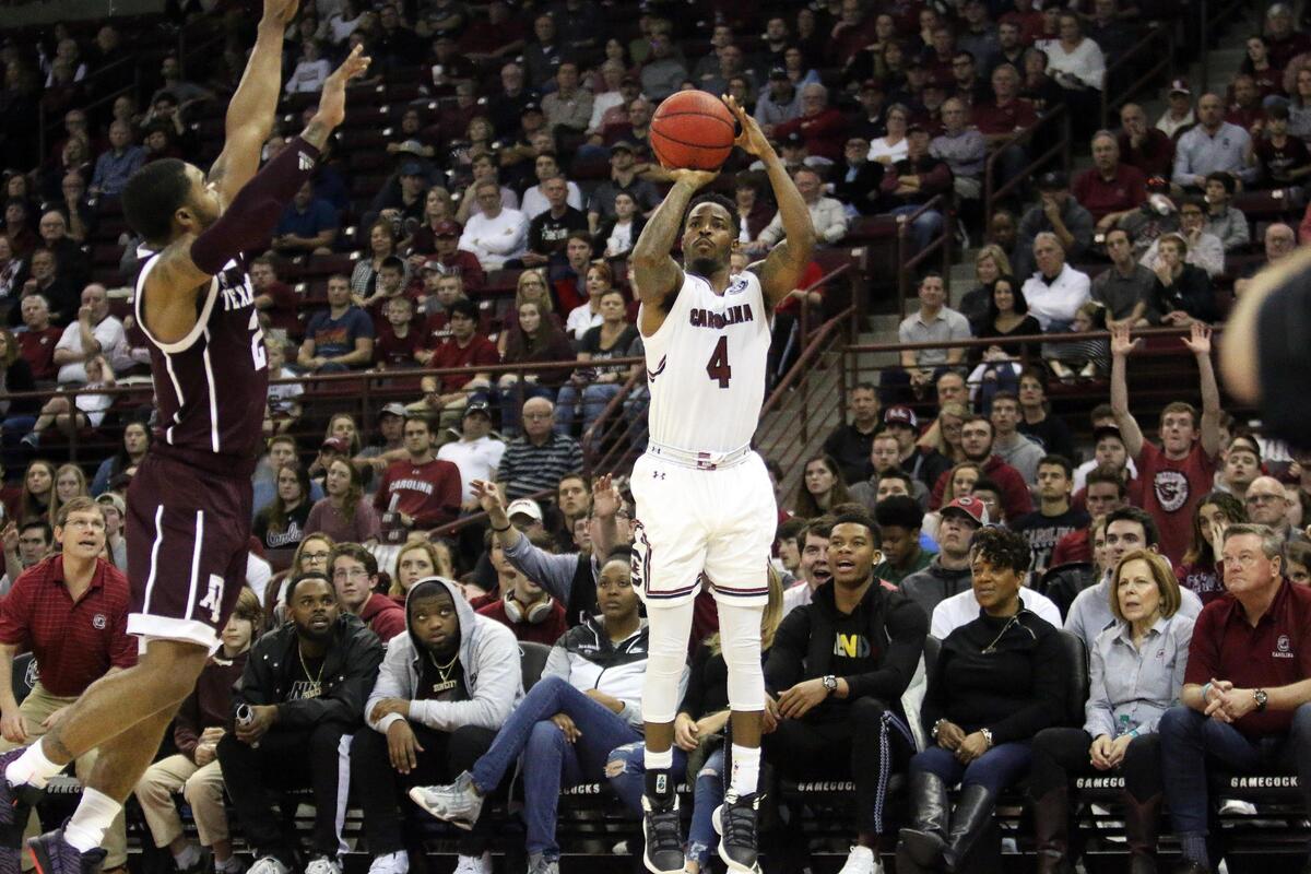 South Carolina basketball’s Tre Campbell against Texas A&M on Saturday at Colonial Life Arena.