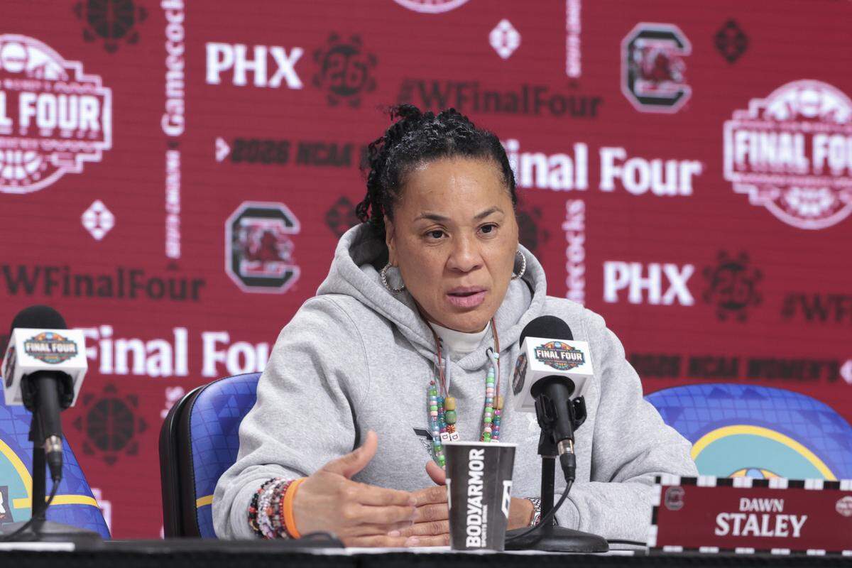 South Carolina's head coach Dawn Staley answers questions during a press conference at Mortgage Matchup Center on Saturday, April 4, 2026, in advance of the National Championship matchup between South Carolina and UCLA in Phoenix .