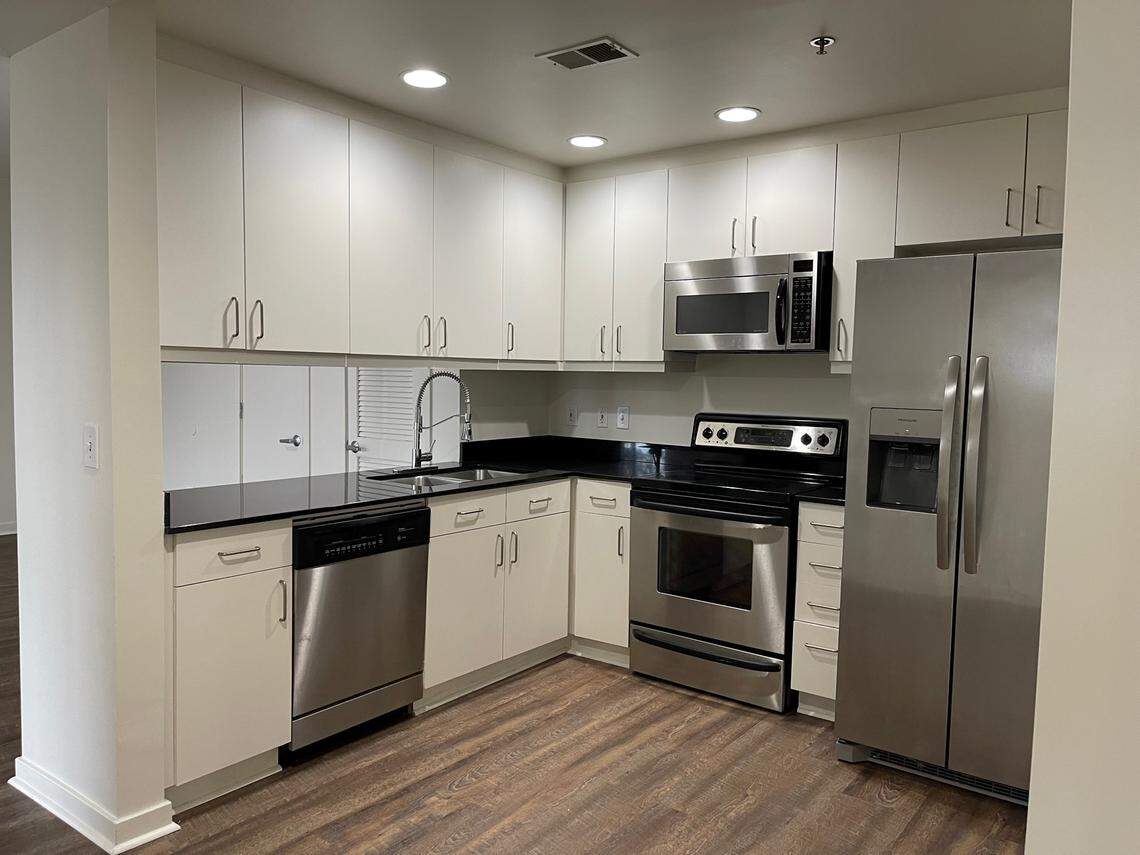 The kitchen inside an apartment at Vista Lofts.