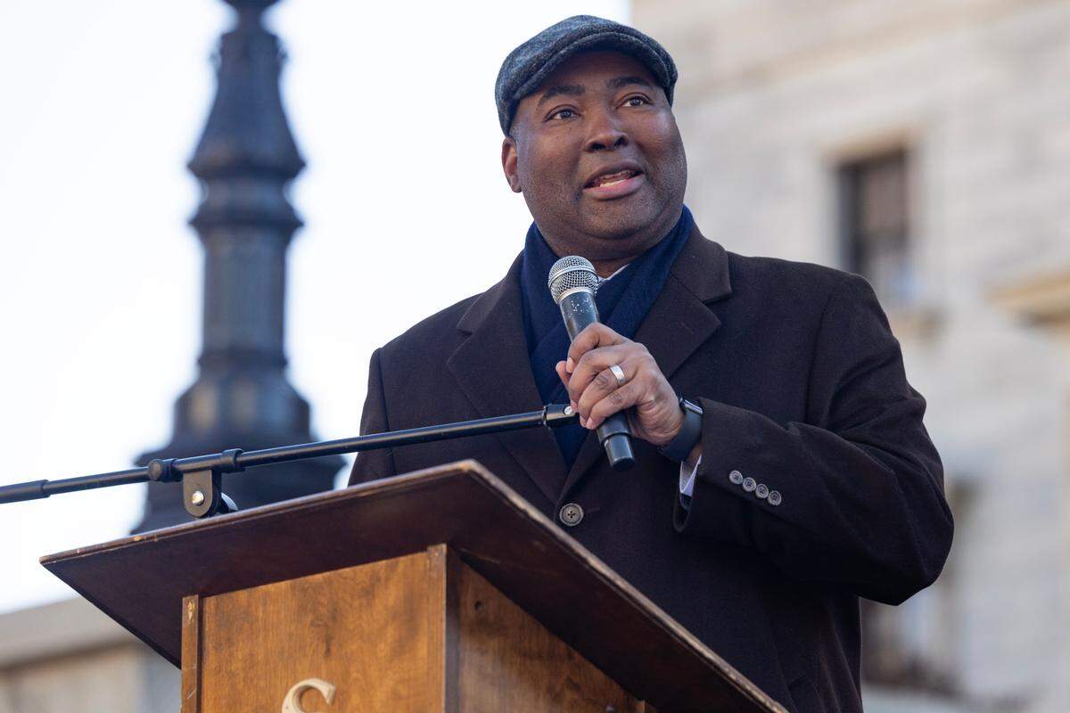 Democratic National Committee Chair Jaime Harrison speaks during the King Day at the Dome event at the South Carolina State house on Monday, January 20, 2025.