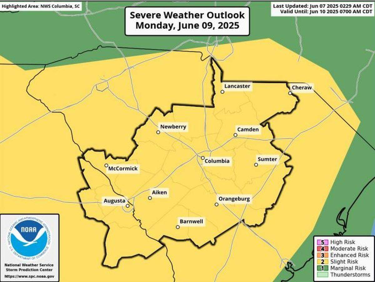 Severe weather is forecast for Midlands region of South Carolina.