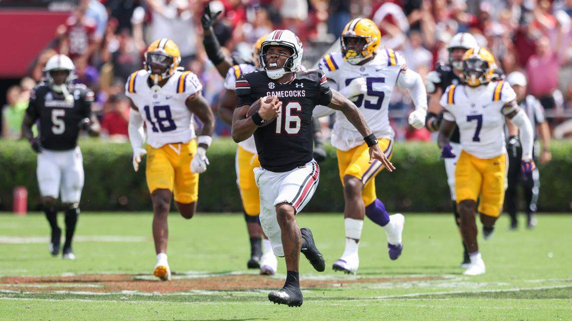South Carolina quarterback LaNorris Sellers (16) runs the ball for a touchdown during the first half of South Carolina’s game against LSU in Columbia on Saturday, September 14, 2024.