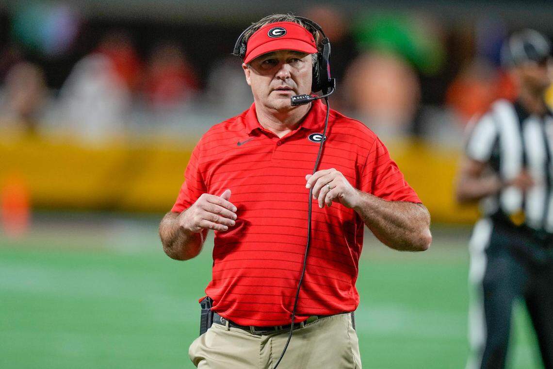 Sep 4, 2021; Charlotte, North Carolina, USA; Georgia Bulldogs head coach Kirby Smart on the sidelines during the second half against the Clemson Tigers at Bank of America Stadium.