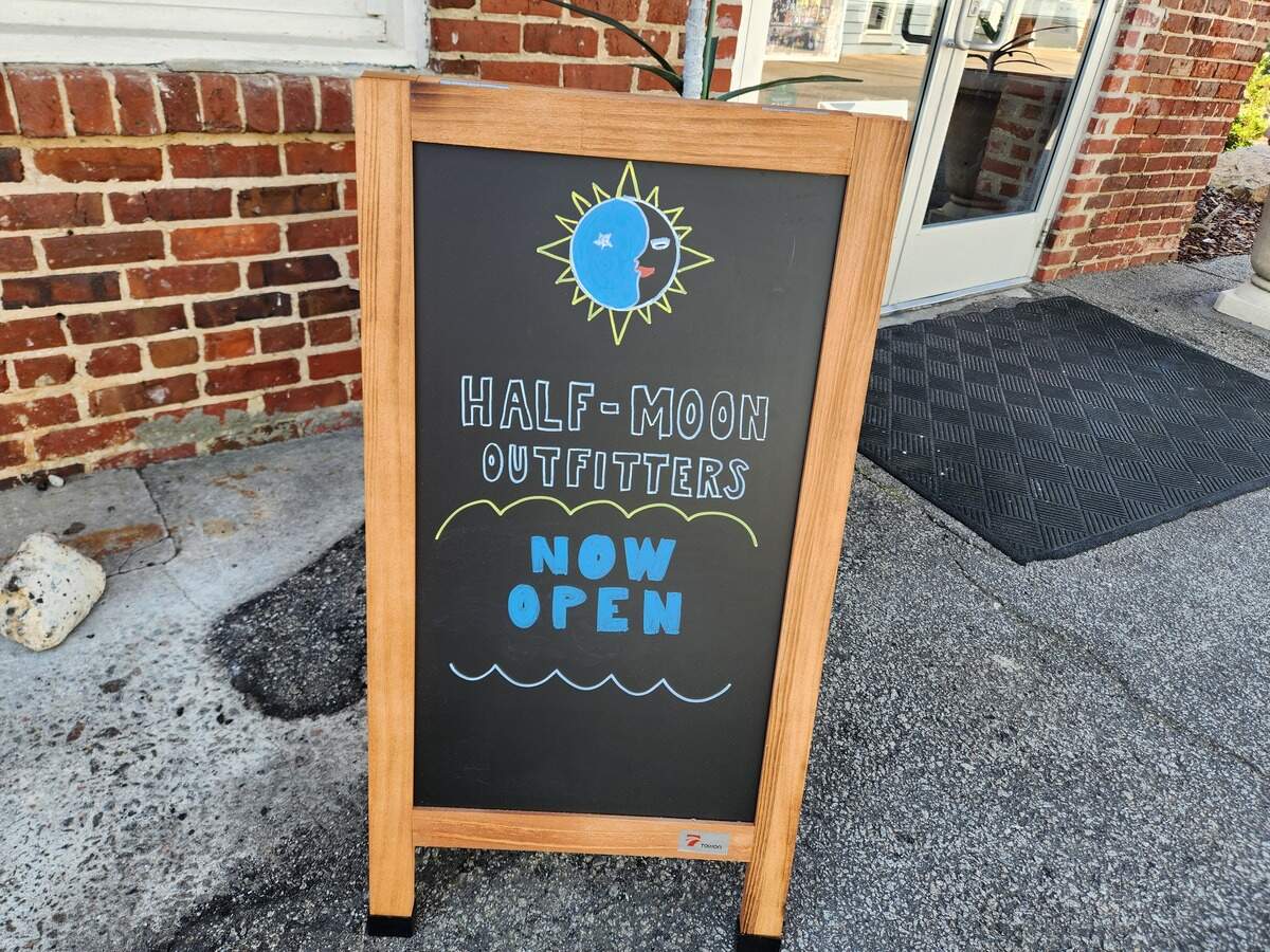 A chalkboard outside Half-Moon Outfitters at Lexington, SC’s Old Mill on June 13, 2026. The outdoors gear and clothing retailer recently opened at the Old Mill at 711 E. Main St.