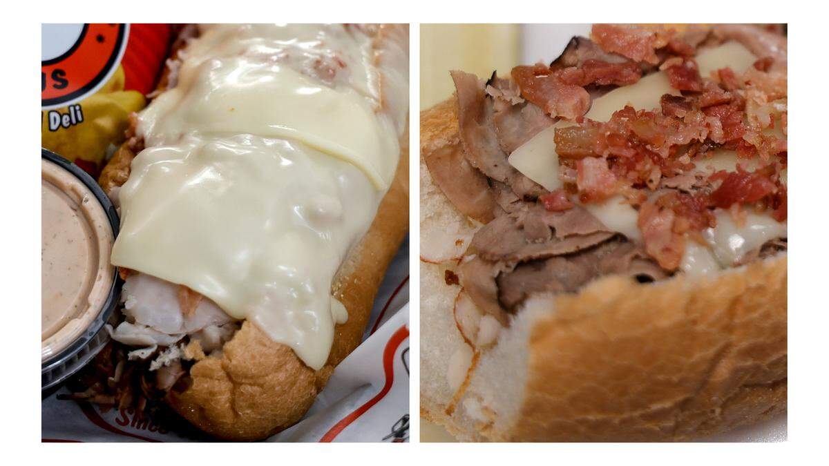 The STP Dipper, from Groucho’s Deli, left, and the Andy’s Special from Andy’s Deli are variations on a sandwich found at many restaurants in Columbia. The sandwich features turkey, roast beef, Swiss cheese and bacon bits.