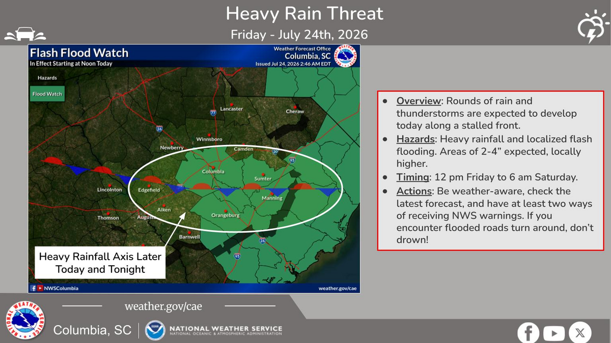 Flood watch issues for some Midlands counties. Here’s where to expect rainfall