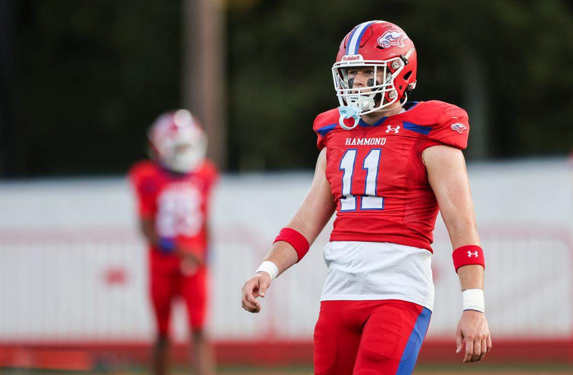 Jackson Ross (11) of Hammond warms up before Hammond’s game against Heathwood Hall in Columbia on Friday, September 12, 2025.