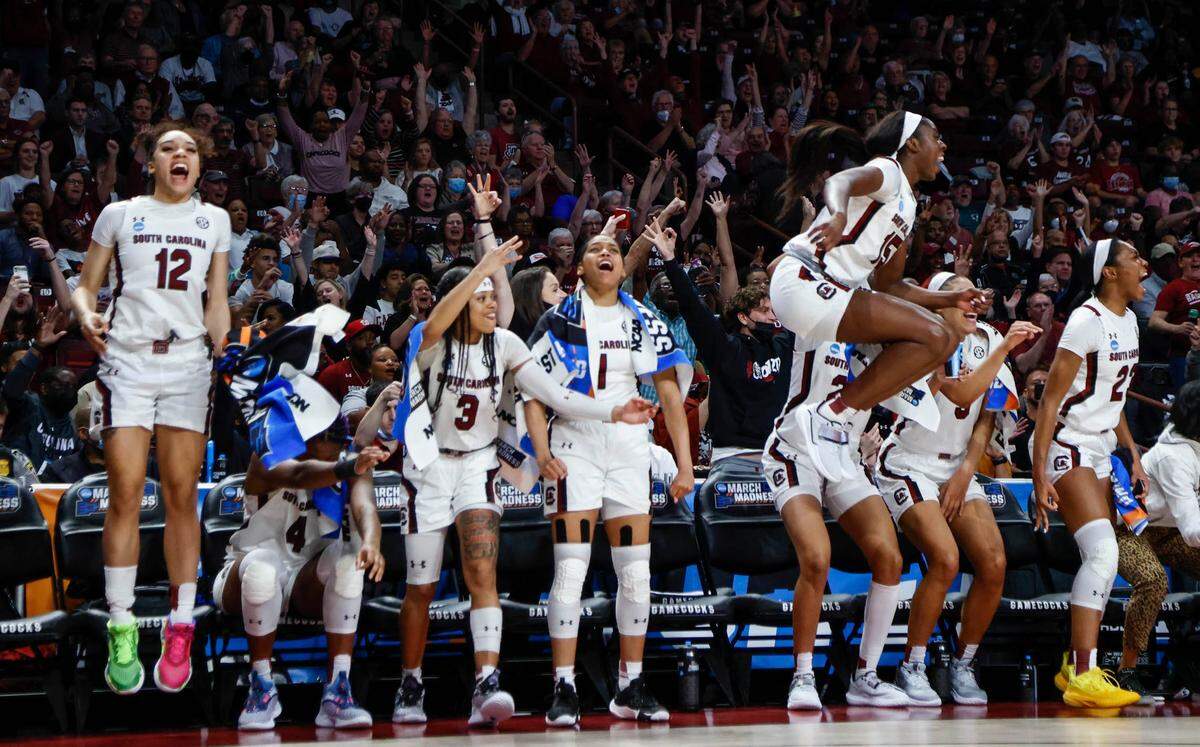 The Gamecock starters go wild as the reserves play well during the fourth quarter of action against Howard during the first round of the NCAA Regional tournament on Friday, March 18, 2022 at the Colonial Life Arena.