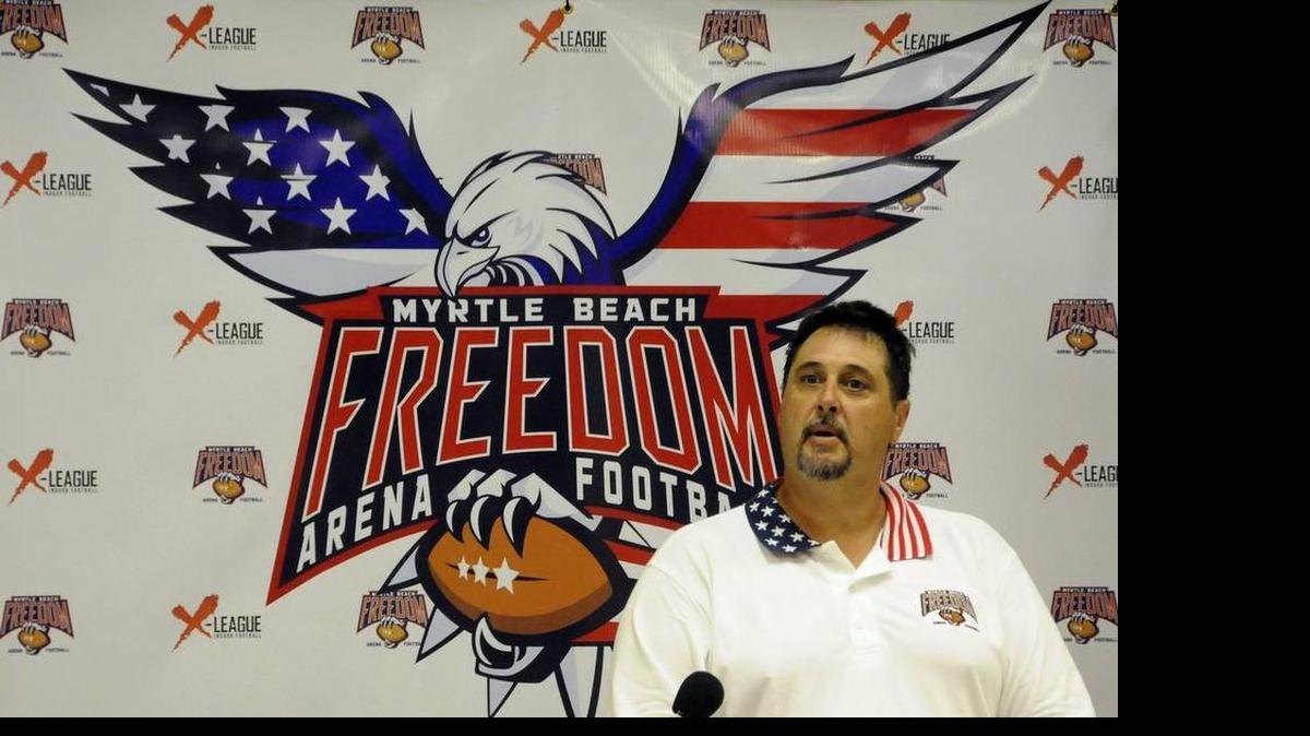 
Ronnie McCuin, owner, director of Football Operations and general manager of the Myrtle Beach Freedom, a professional arena football team affiliated with the X-League, speaks during a news conference Monday
