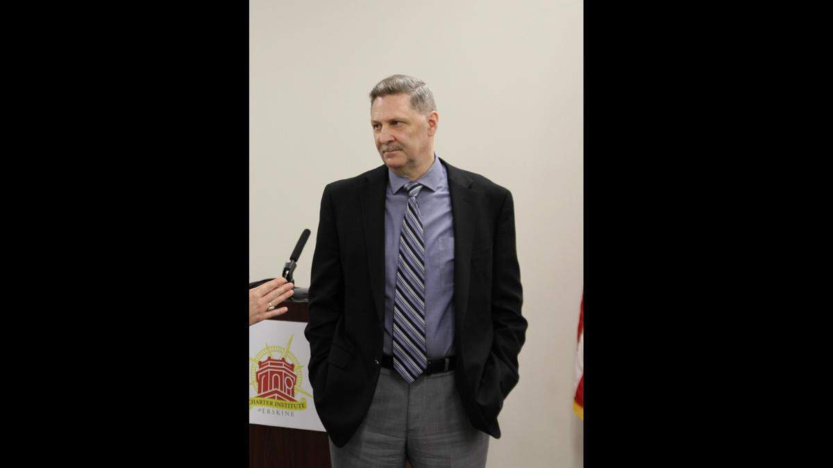 Erskine College president Steve Adamson attends a meeting of the Charter Institute at Erskine on April 17, 2024.