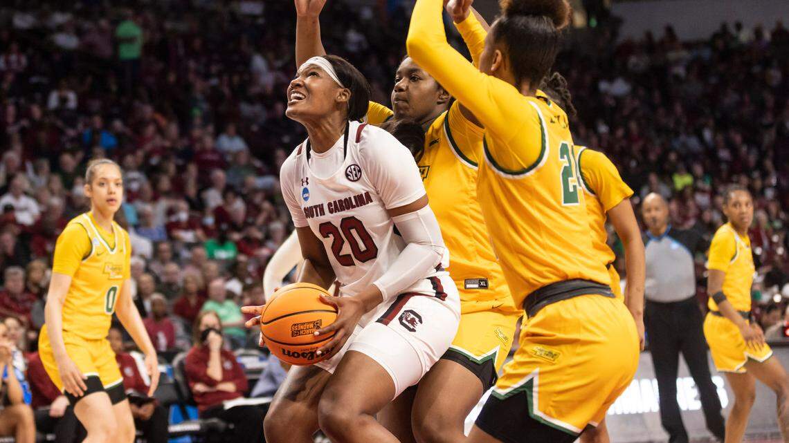 South Carolina Gamecocks forward Sania Feagin (20) goes up for a shot during the first round of the 2023 NCAA Tournament at Colonial Life Arena in Columbia on Friday, March 17, 2023.