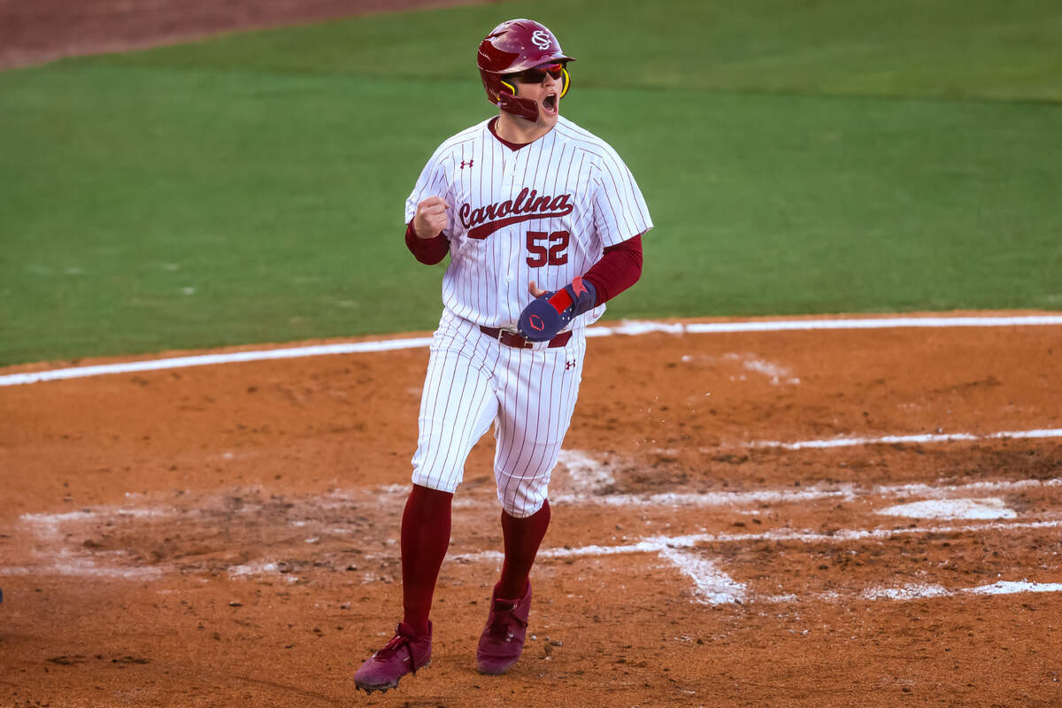 South Carolina Gamecocks infielder Jase Woita (52) celebrates scoring on a sacrifice fly against the Milwaukee Panthers during their game at Founders Park 2/21/25.