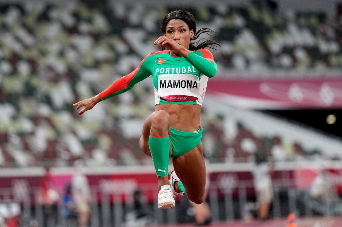 Patricia Mamona, of Portugal, competes in the final of the women’s triple jump Sunday at the Summer Olympics.