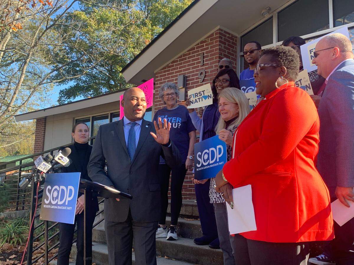 Democratic National Committee Chairman Jaime Harrison alongside South Carolina Democratic Party Chairwoman Christale Spain (right) speaks outside of the SCDP office in Columbia on Monday Dec. 11, 2023 about the state party’s get out the vote efforts ahead of the Feb. 3, 2024 First in the Nation Democratic presidential primary.