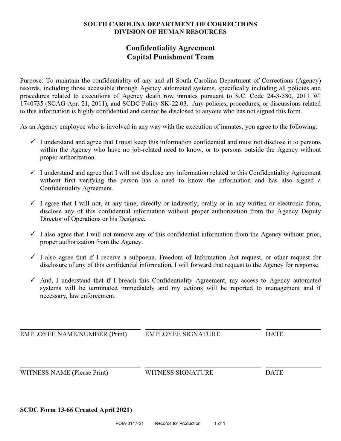 Obtained via FOIA from SC Department of Corrections