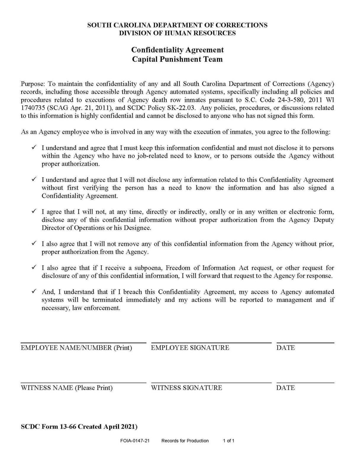 Obtained via FOIA from SC Department of Corrections